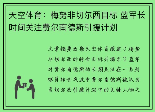 天空体育:梅努非切尔西目标 蓝军长时间关注费尔南德斯引援计划 天空体育:梅努非切尔西目标 蓝军长时间关注费尔南德斯引援计划