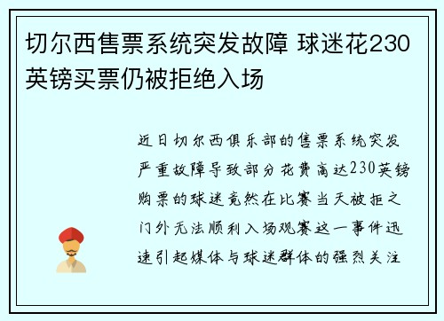切尔西售票系统突发故障 球迷花230英镑买票仍被拒绝入场 切尔西售票系统突发故障 球迷花230英镑买票仍被拒绝入场